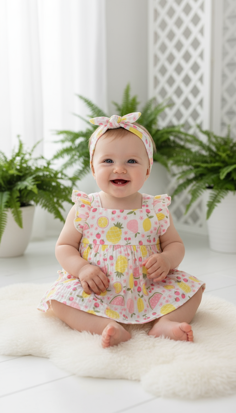 Set bebe 3 piezas vestido blanco frutas diadema blanca bebe niña Tinytots D95597TT promo 2x1000