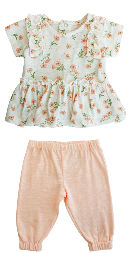 Set conjunto 2 piezas camisa beige flores leggins salmón Tinytots AG007