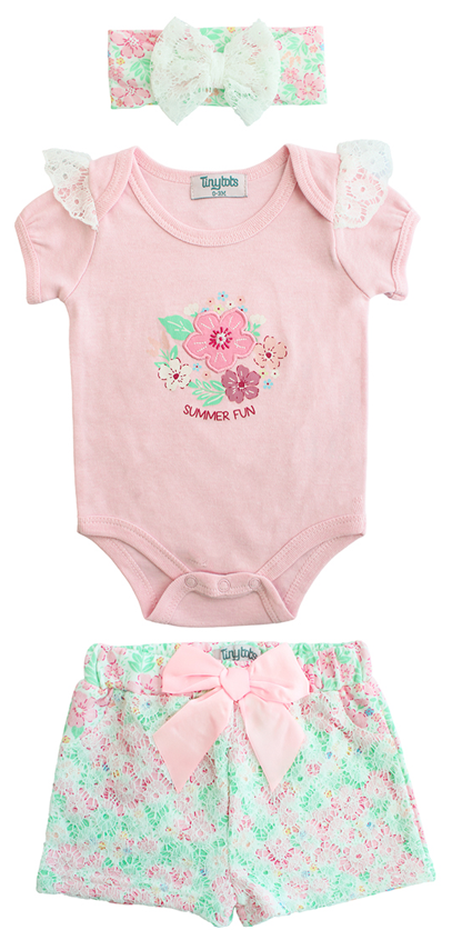 Set 3 piezas mameluco rosado short flores diadema rosada bebe niña Tinytots D95585TT