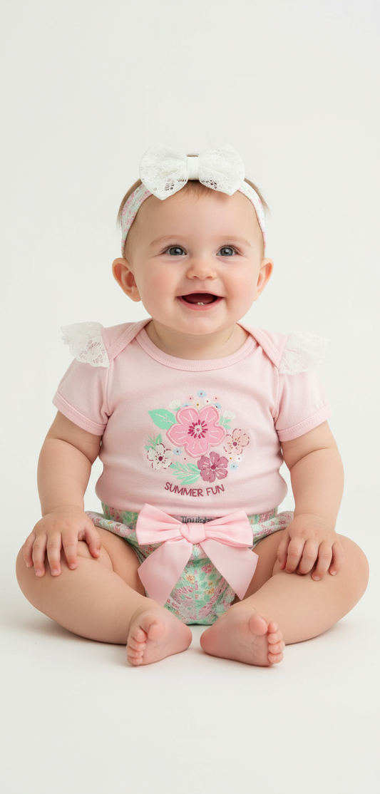 Set 3 piezas mameluco rosado short flores diadema rosada bebe niña Tinytots D95585TT