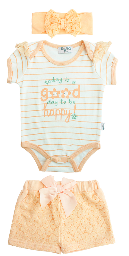 Set 3 piezas mameluco rosado short flores diadema naranja bebe niña Tinytots D95585TT