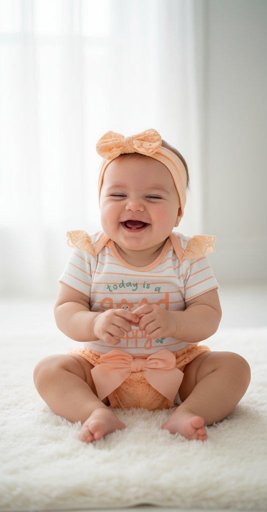 Set 3 piezas mameluco rosado short flores diadema naranja bebe niña Tinytots D95585TT