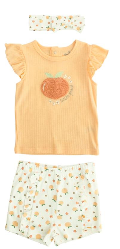 Set 3 piezas camisa naranja manzana diadema short blanco Tinytots D85510TT
