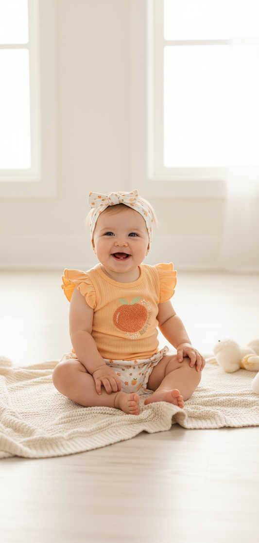 Set 3 piezas camisa naranja manzana diadema short blanco Tinytots D85510TT