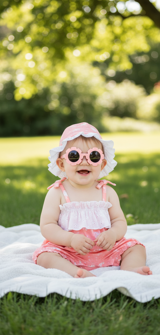 Set 3 piezas sombrero gafas de sol vestido rosado floreado bebe niña Tinytots AP15169