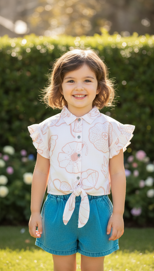 Set conjunto 2 piezas camisa hawaina salmón short azul bebe niña 3337