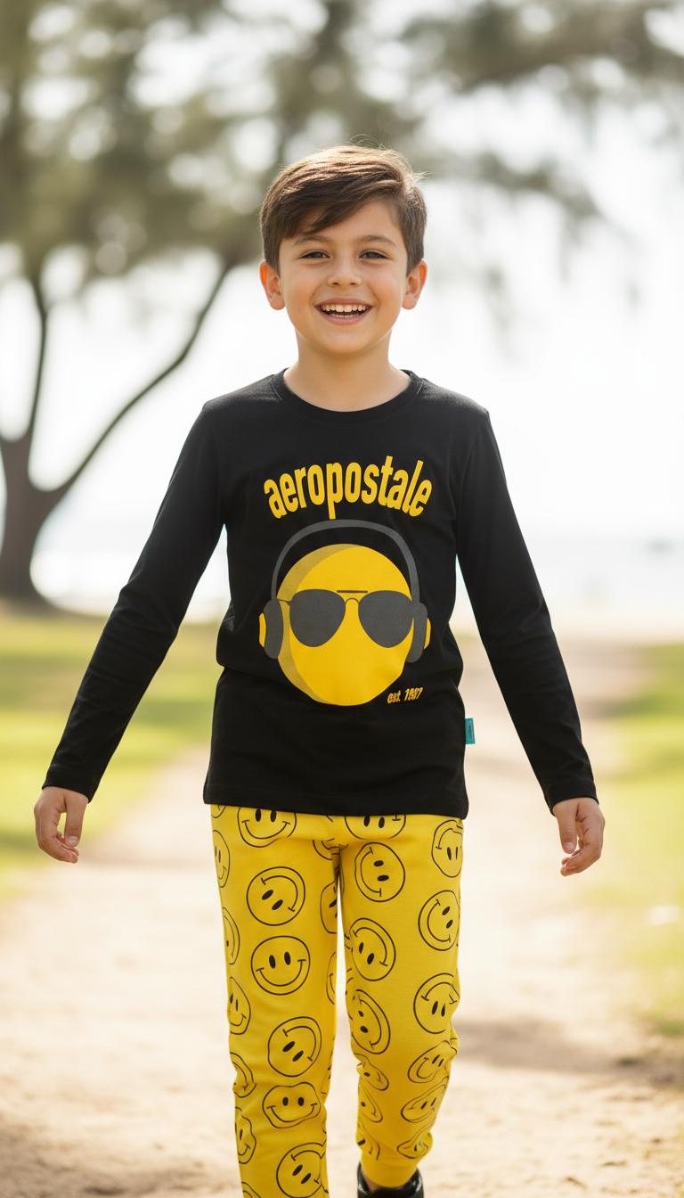 Pijama niño carita camisa negra pantalón amarillo aeropostale Tinytots 3172
