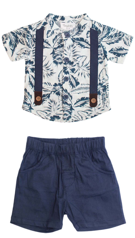 Set conjunto 2 piezas bebe niño camisa blanca hawaina short azul Tinytots 123-W28-3139