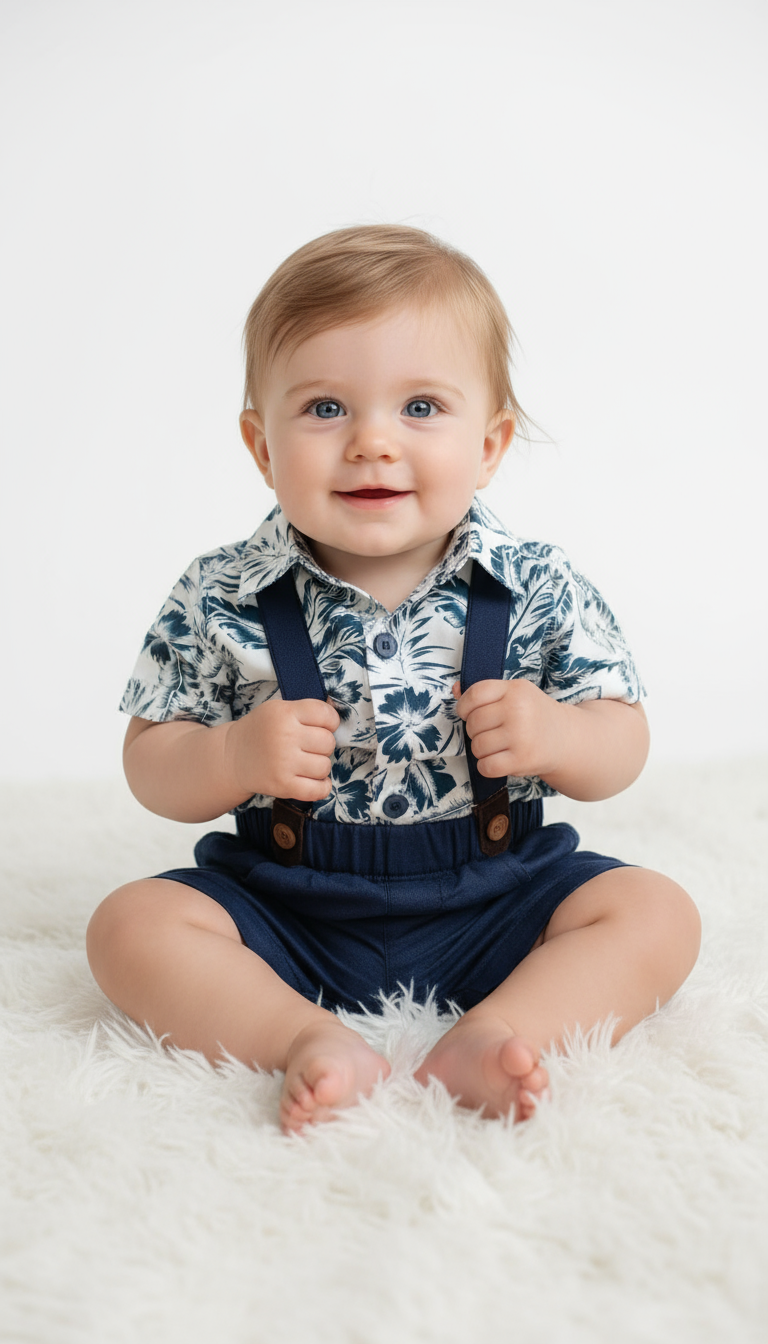 Set conjunto 2 piezas bebe niño camisa blanca hawaina short azul Tinytots 123-W28-3139