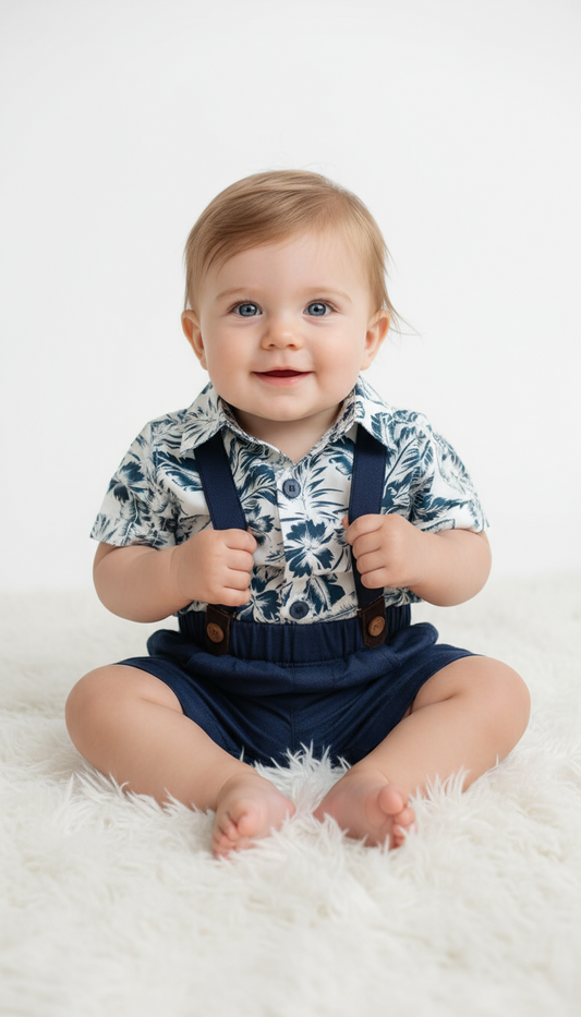 Set conjunto 2 piezas bebe niño camisa blanca hawaina short azul Tinytots 123-W28-3139