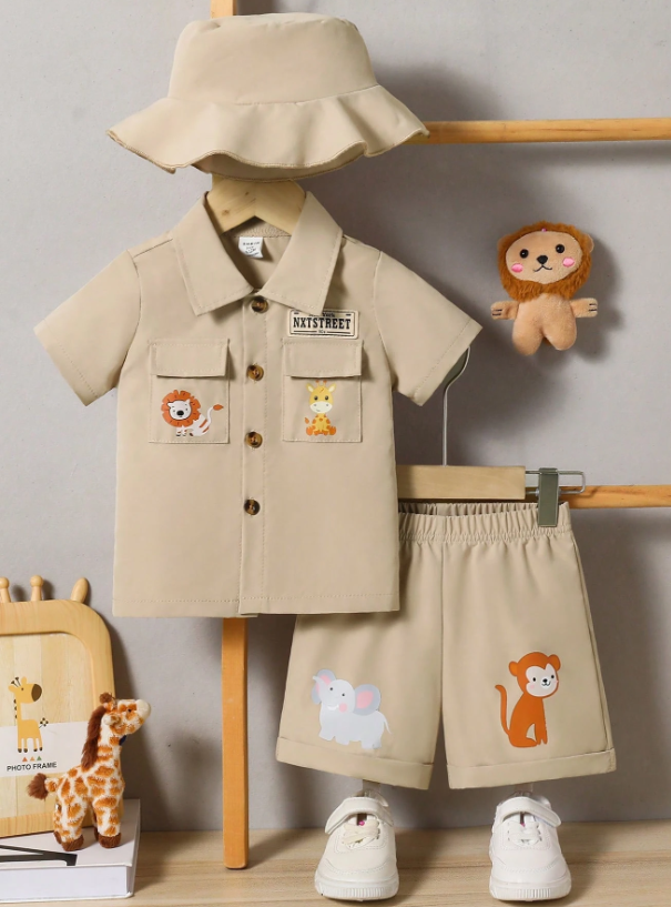 Set 3 piezas camisa pantalon gorro safari bebe niño sa25021046444044941