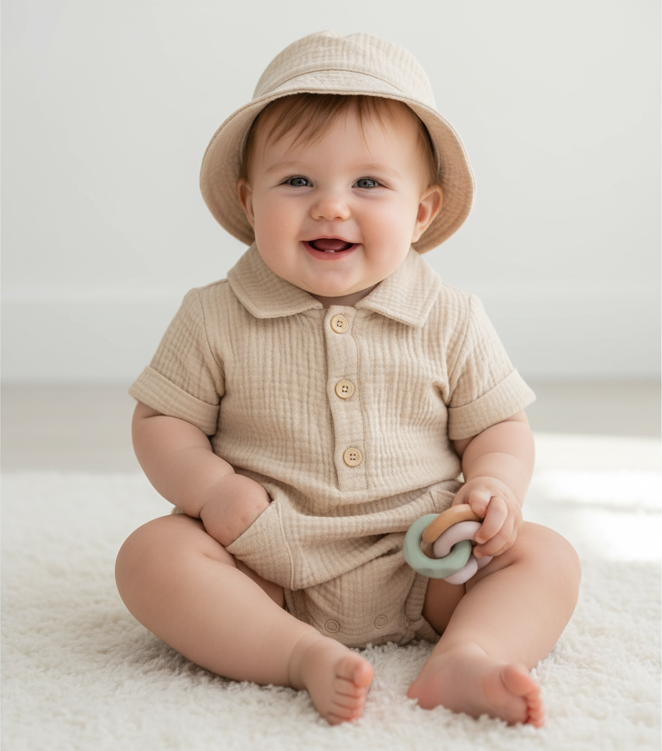 Set 2 piezas mameluco sombrero bebe niño beige Tinytots AP15170