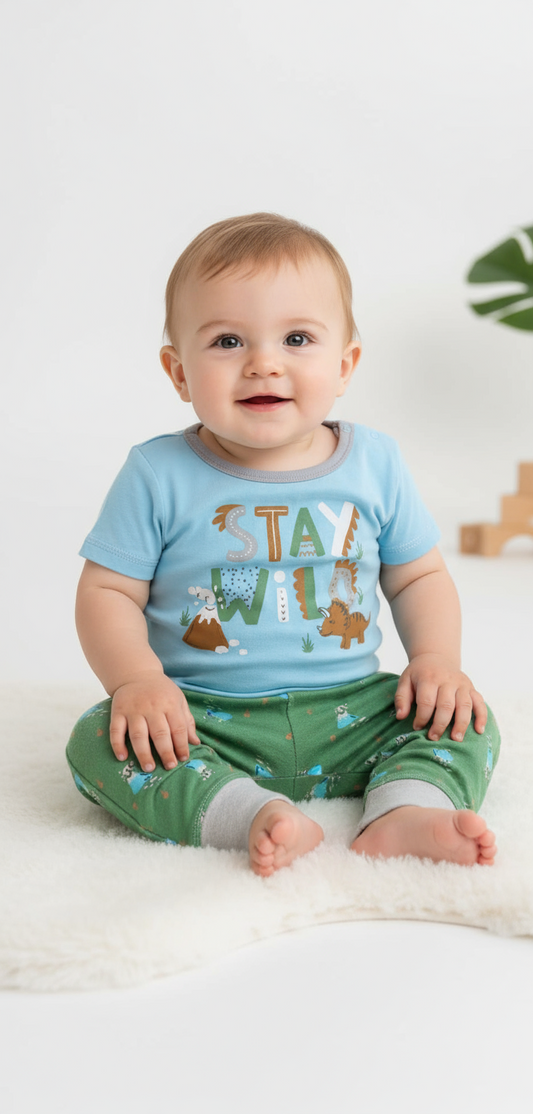 Set 2 piezas pijama conjunto bebe niño camisa azul pantalón verde Tinytots 658C-Y1392