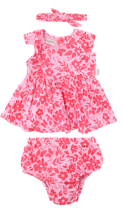 Set 3 piezas bebe niña rosado bincha vestido short Tinytots D95595TT