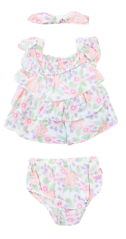 Set 3 piezas bebe niña floreado bincha vestido short Tinytots D95595TT