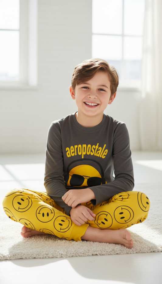 Pijama niño carita camisa gris pantalón amarillo aeropostale Tinytots 3172