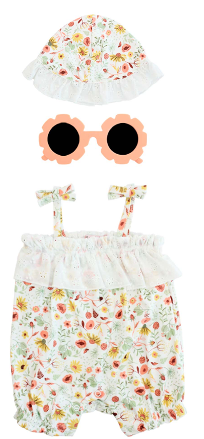 Set 3 piezas sombrero gafas de sol vestido blanco floreado bebe niña Tinytots AP15169