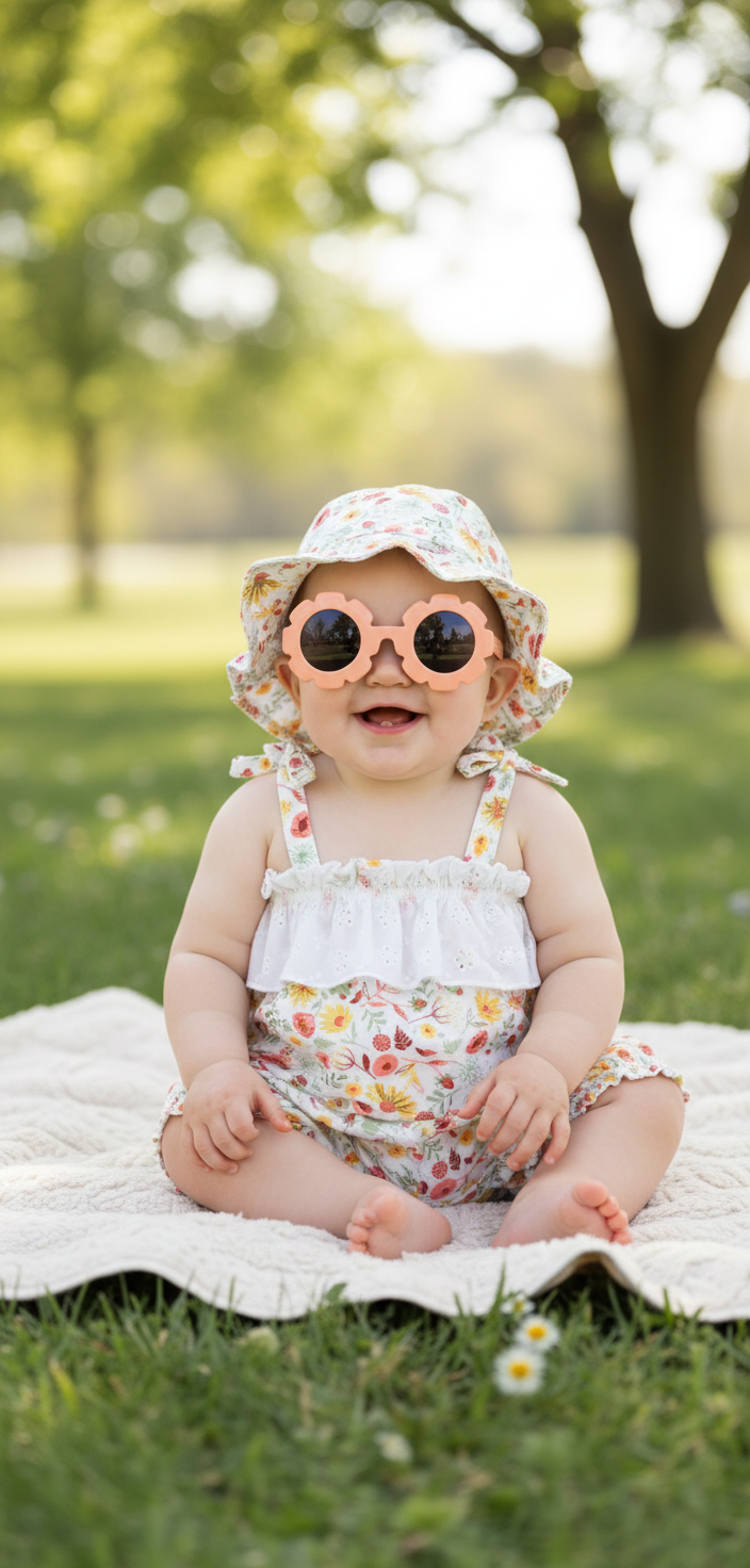 Set 3 piezas sombrero gafas de sol vestido blanco floreado bebe niña Tinytots AP15169 promo 3x1000