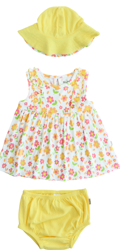 Set 3 piezas vestido blanco flores sombrero amarillo bebe niña Tinytots D94563TT