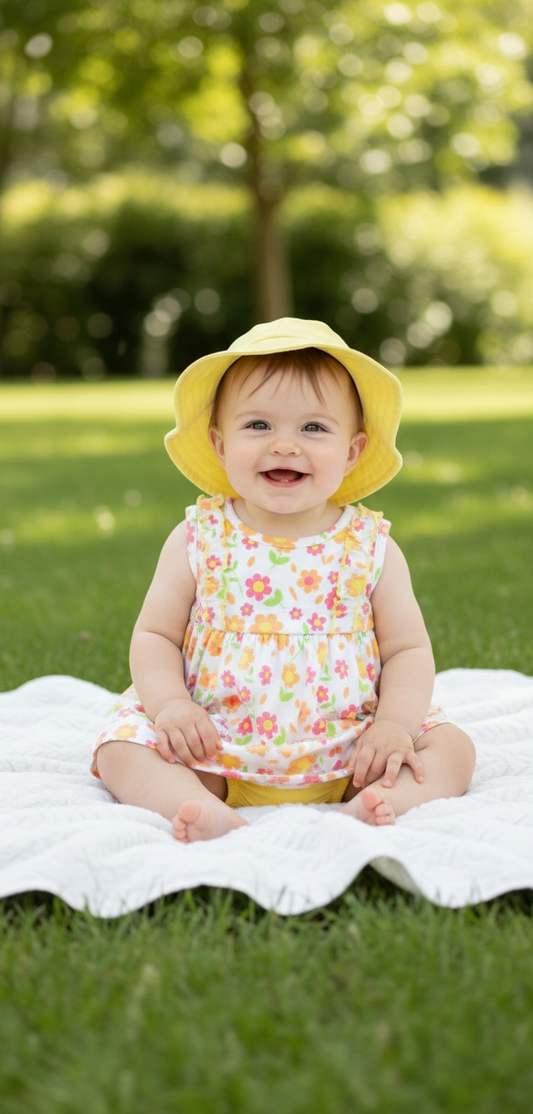 Set 3 piezas vestido blanco flores sombrero amarillo bebe niña Tinytots D94563TT