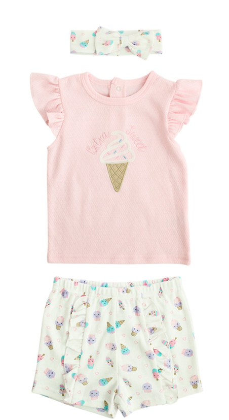 Set 3 piezas camisa rosada helado diadema short blanco Tinytots D85510TT