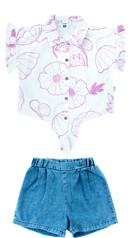 Set conjunto 2 piezas camisa hawaina morada short azul bebe niña 3337