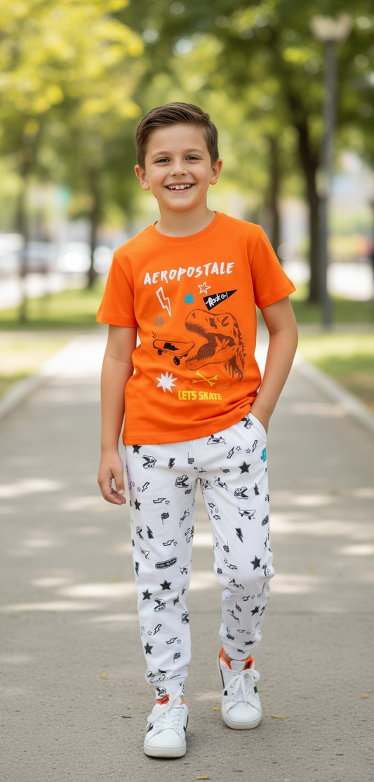 Pijama camisa naranja dinosaurio pantalon blanco niño Aeropostale 3166