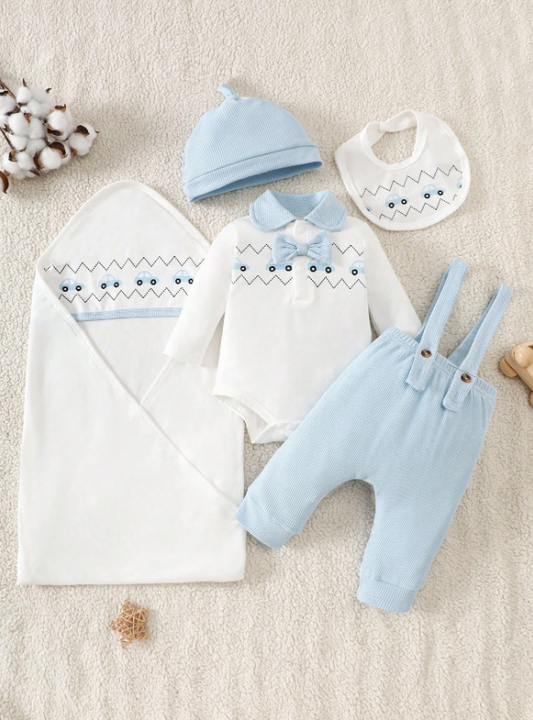 Set 5 piezas bebe niño mameluco gorro enterizo babero sabana azul sa25070161559149410