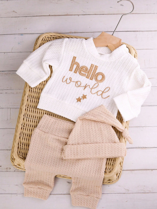 Set 3 piezas hello world camisa pantalon gorro beige bebe niño niña sa25052916627655620
