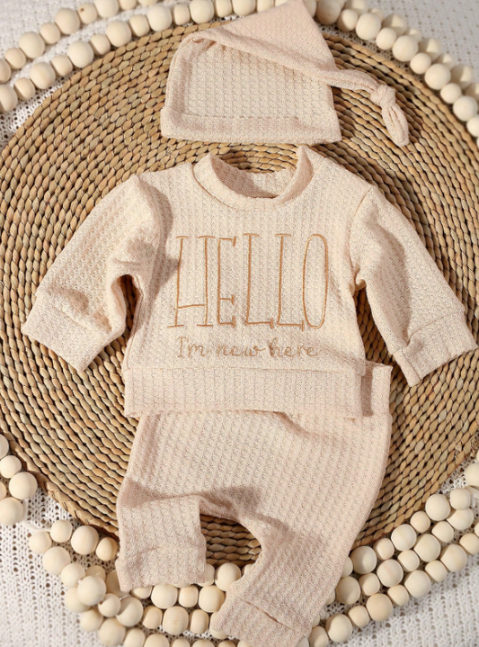 Set 3 piezas camisa pantalon gorro beige bebe niño niña sa2501069522526602