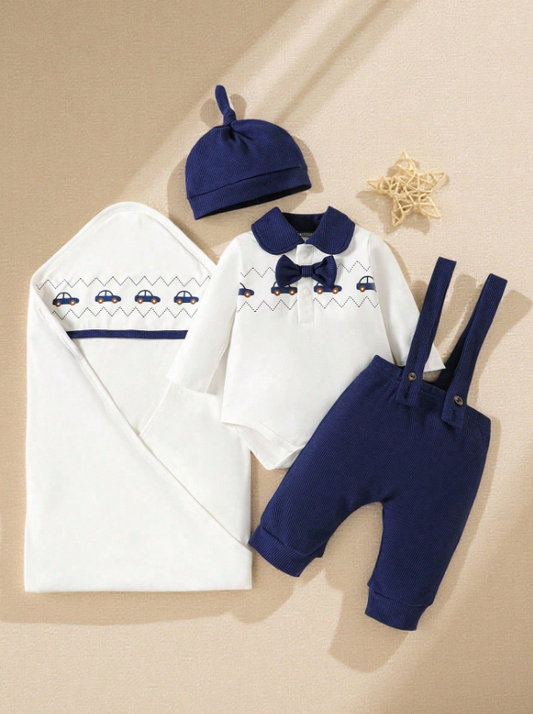 Set 5 piezas salida hospital azul blanco bebe niño mameluco enterizo gorro sabana sa2407153778457163