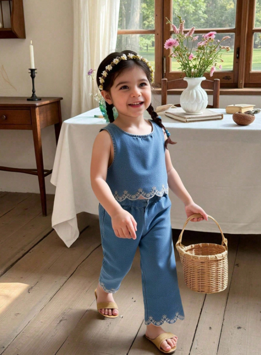 Set conjunto 2 piezas camisa pantalon azul jeans niña sa25032840855547048