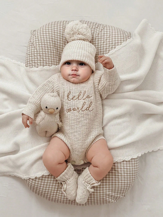 Set 2 piezas mameluco gorro beige bebe niño sa2409141407073000