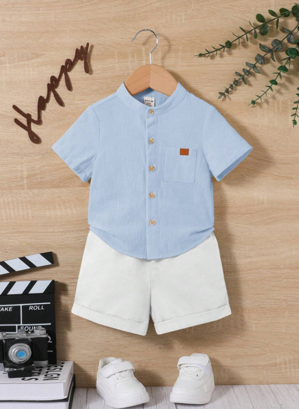 Set conjunto 2 piezas camisa azul short blanco bebe niño sa2311172212091805