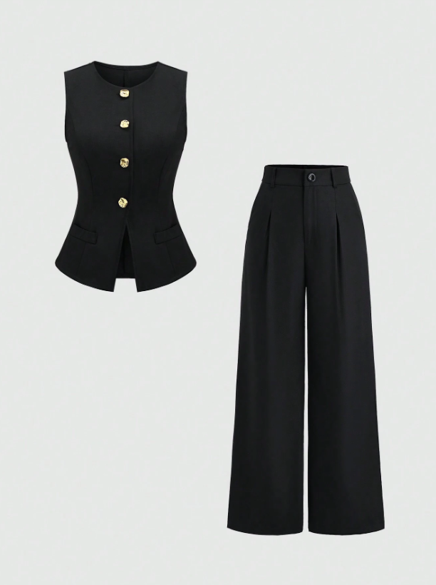 Set conjunto 2 piezas camisa chaleco blazer pantalón negro sz2412049775962119