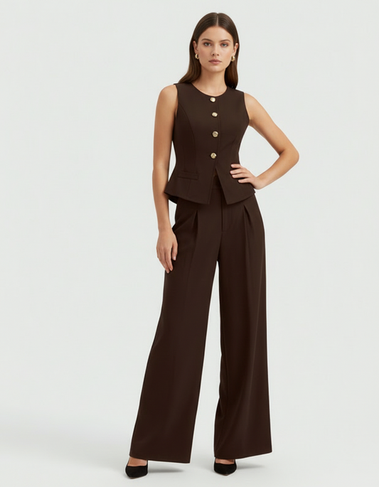 Set formal 2 piezas camisa chaleco blazer pantalon café sz25090354542415734