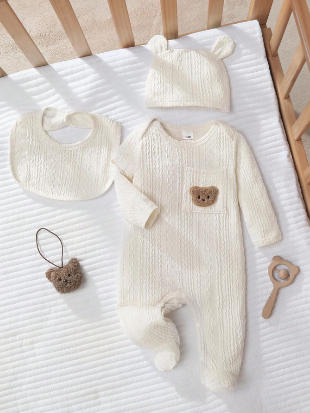 Set 3 piezas bebe niño gorro mameluco babero sa25090579499794417