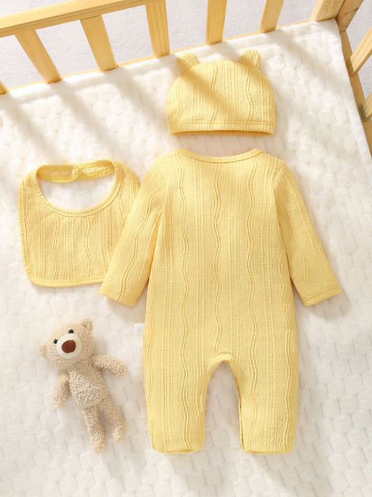 Set conjunto 3 piezas mameluco babero gorro bebe niña niño NB amarillo sa251125132121932364