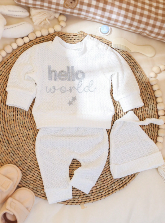 Set 3 piezas Hello World camisa pantalon gorro blanco bebe niño sa25022635116266556