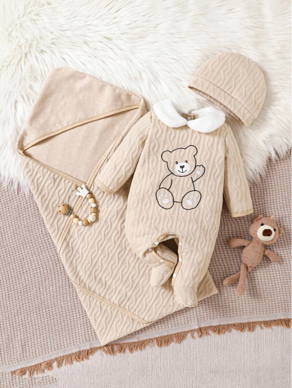Set 3 piezas mameluco gorro toalla osito beige bebe niño sa25091558461947111