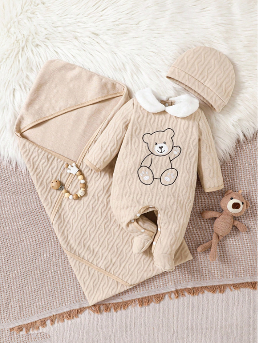 Set 3 piezas mameluco gorro toalla osito beige bebe niño sa25091558461947111