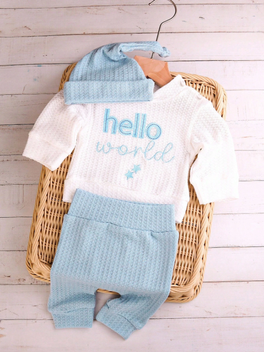 Set 3 piezas gorro azul camisa blanca pantalon azul celeste bebe niño sa25052952880583805