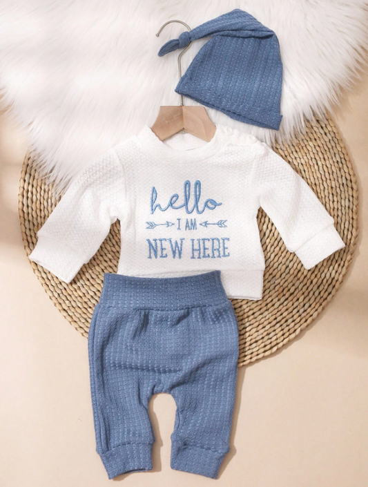 Set 3 piezas gorro azul camisa blanca pantalon azul oscuro bebe niño sa25071749611728767