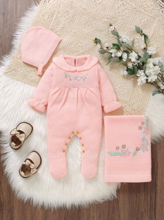 Set conjunto 3 piezas sabana mameluco gorro bebe niña rosado sa25052636352437525