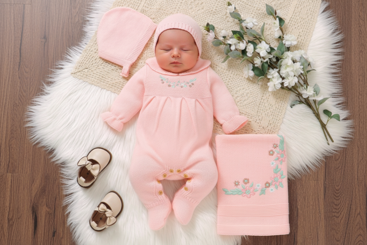 Set conjunto 3 piezas sabana mameluco gorro bebe niña rosado sa25052636352437525