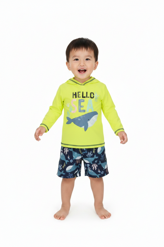 Set conjunto 2 piezas traje de baño camisa verde lima short azul oscuro bebe niño Tinytots 11378TT