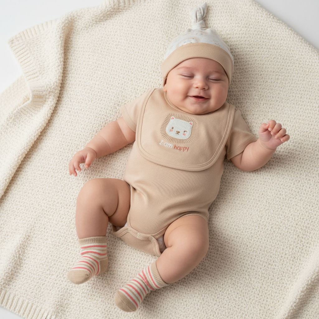 Set 5 piezas mameluco pantalon gorrito babero calcetines café bebe niño Tinytots D04646TT