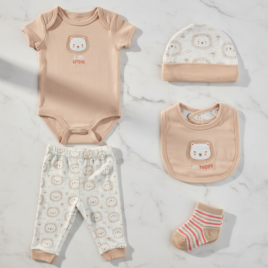 Set 5 piezas salida hospital mameluco pantalon gorrito babero calcetines café bebe niño Tinytots D04646TT Promo 2x1000
