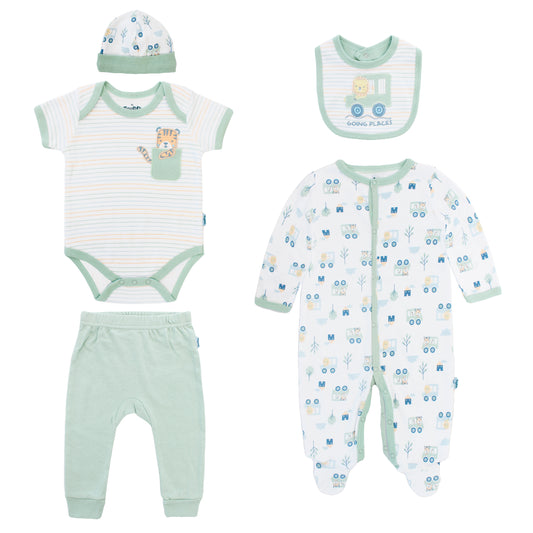 Set 5 piezas mameluco pijama babero gorro verde bebe niño Tinytots D07339TT
