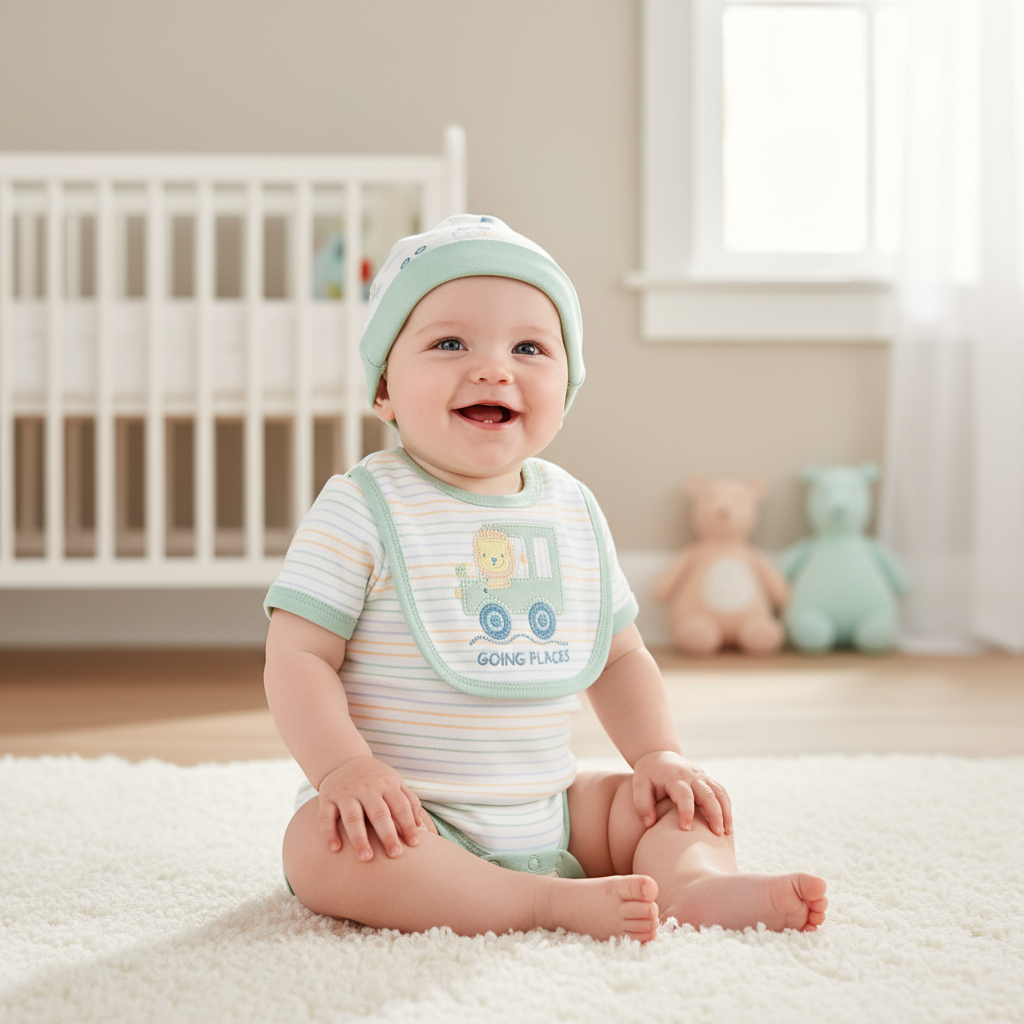 Set 5 piezas mameluco pijama babero gorro verde bebe niño Tinytots D07339TT promo 2x1000